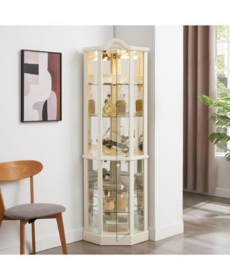 Lighted Corner Glass Curio Cabinet, Bar & Wine Cabinet, White