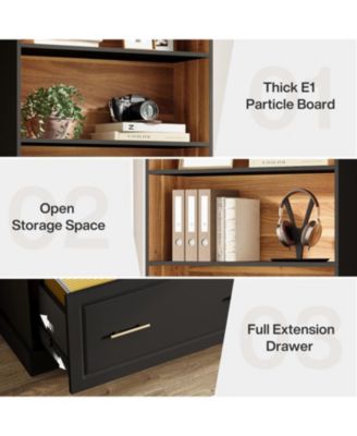 2-Drawer Vertical File Cabinet, Modern Black Filing Cabinet with 5-Tier Bookshelf, Large Printer Stand