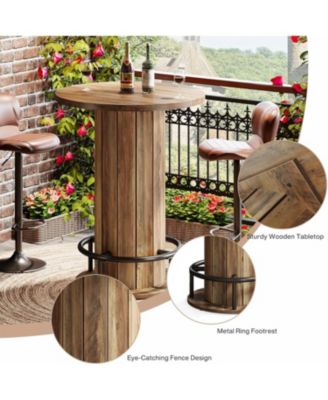 Round Bar Table, 39.4" H Wood Bistro Pub Table with Metal Ring Footrest (Only Table)