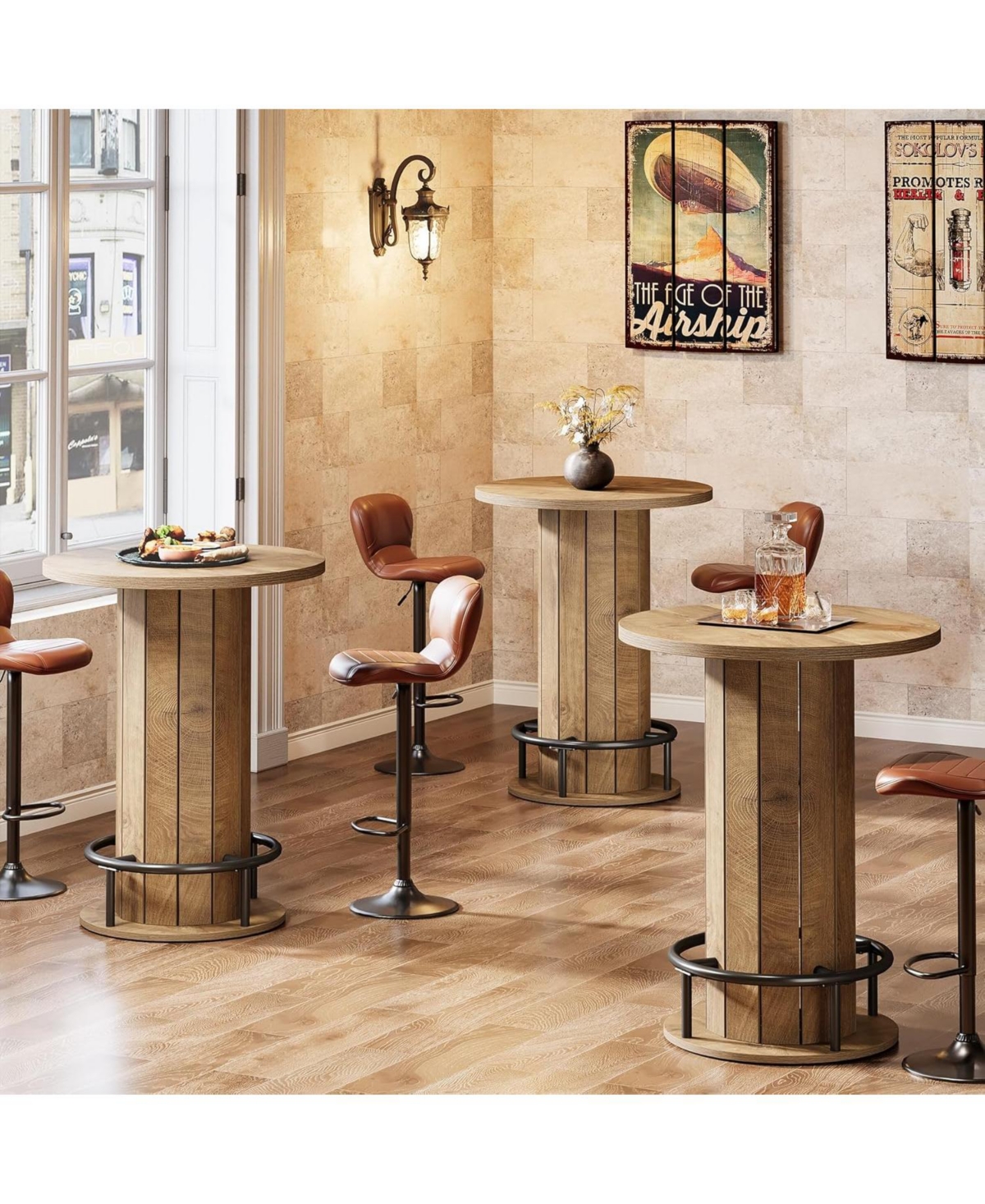 Tribesigns Round Bar Table, 39.4" H Wood Bistro Pub Table with Metal Ring Footrest (Only Table)