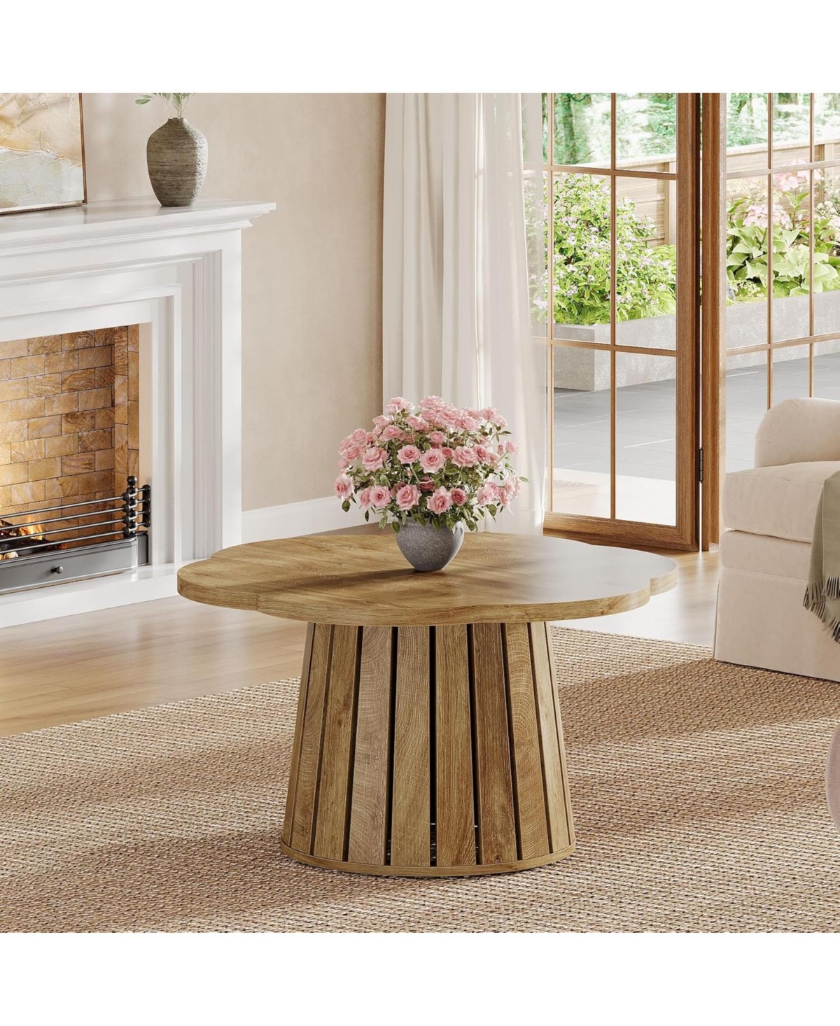 Tribesigns 33.5" Round Coffee Table, Farmhouse Circle Center Table with Floral Tabletop & Wood Base