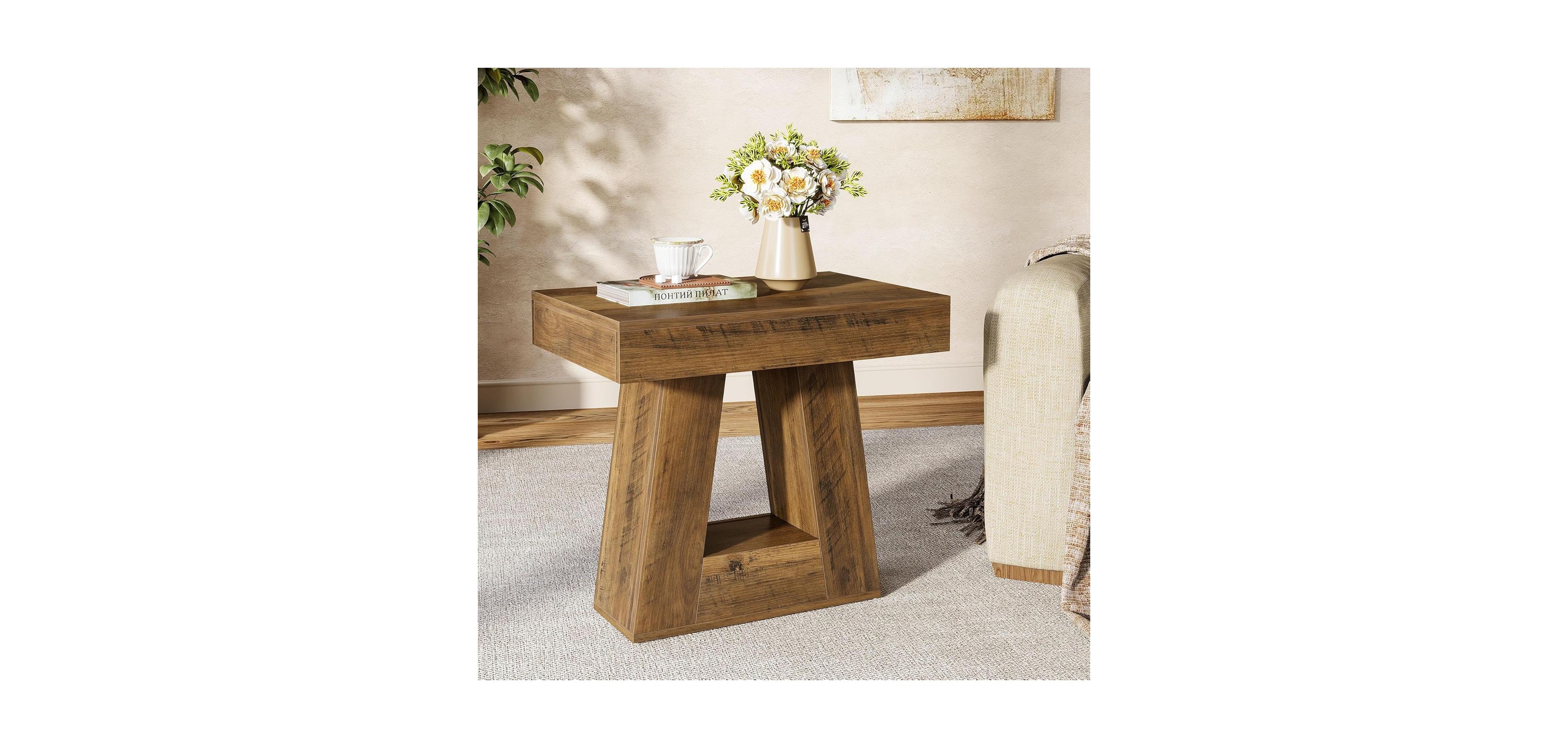 Tribesigns 24" Modern Side Table, 2-Tier Narrow Wooden End Table with Trapezoid Base (1, Brown)