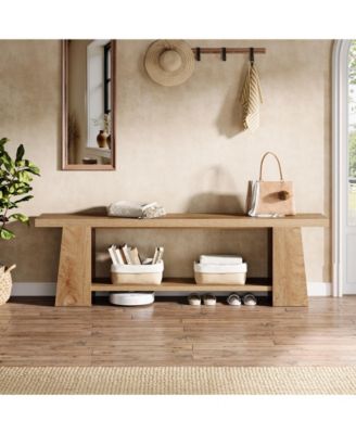 Modern Bedroom Bench with Storage Shelf, Solid Wood Entryway Bench