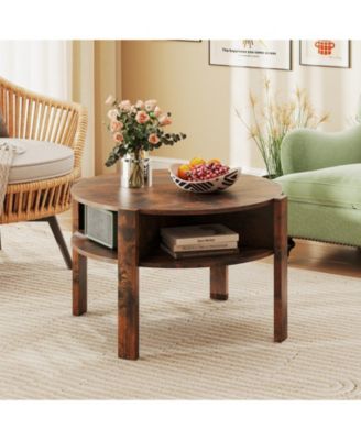29.5'' 2-Tier Round Coffee Table w/ Storage 4 Shelves Faux Wooden Top