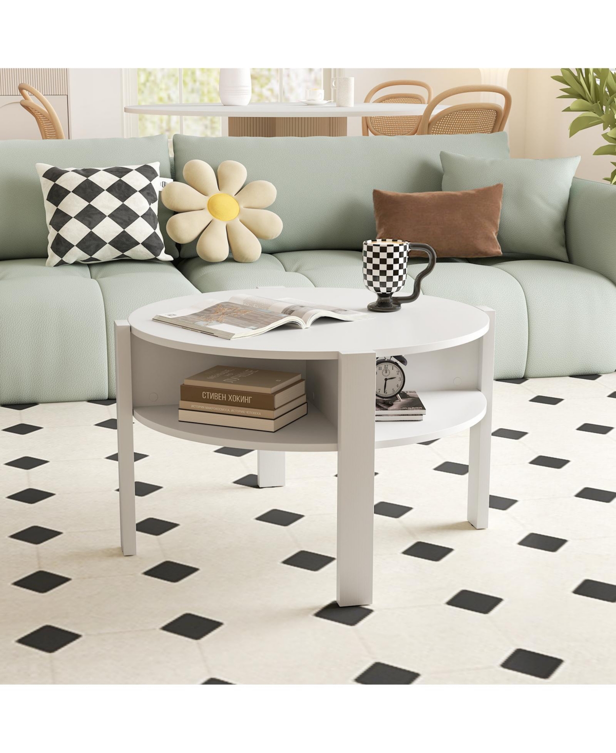 Gymax 29.5'' 2-Tier Round Coffee Table w/ Storage 4 Shelves Faux Wooden Top