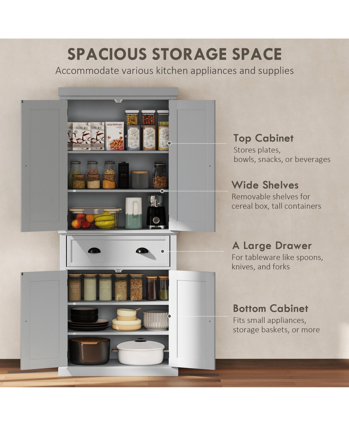 Homcom 72.5" Kitchen Pantry Cabinet with 4 Doors, Drawer