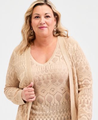 Plus Size Metallic Pointelle Knit Open-Front Cardigan