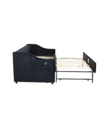 Twin Upholstered Daybed with Trundle, USB, Pockets, Velvet, Button Tufted