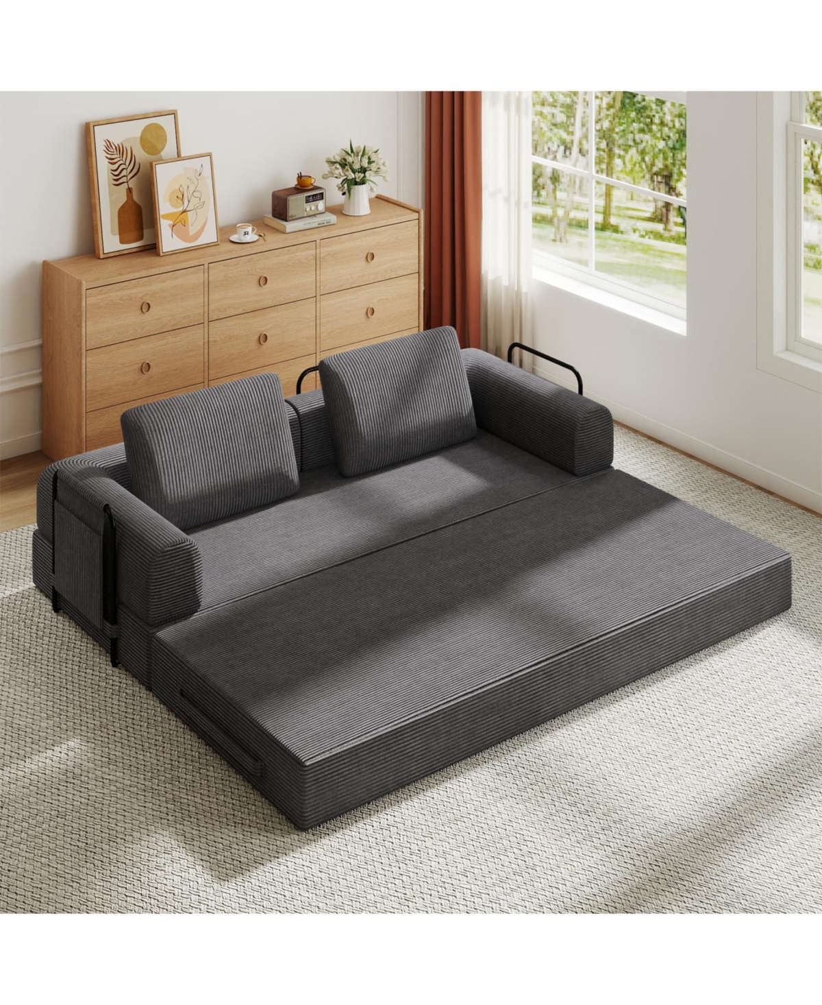 Streamdale Furniture Convertible Sleeper Sofa Bed with Pillow - Corduroy Folding Mattress Couch - Dark Gray