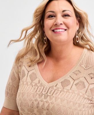 Plus Size Metallic Pointelle Knit Elbow-Sleeve Sweater