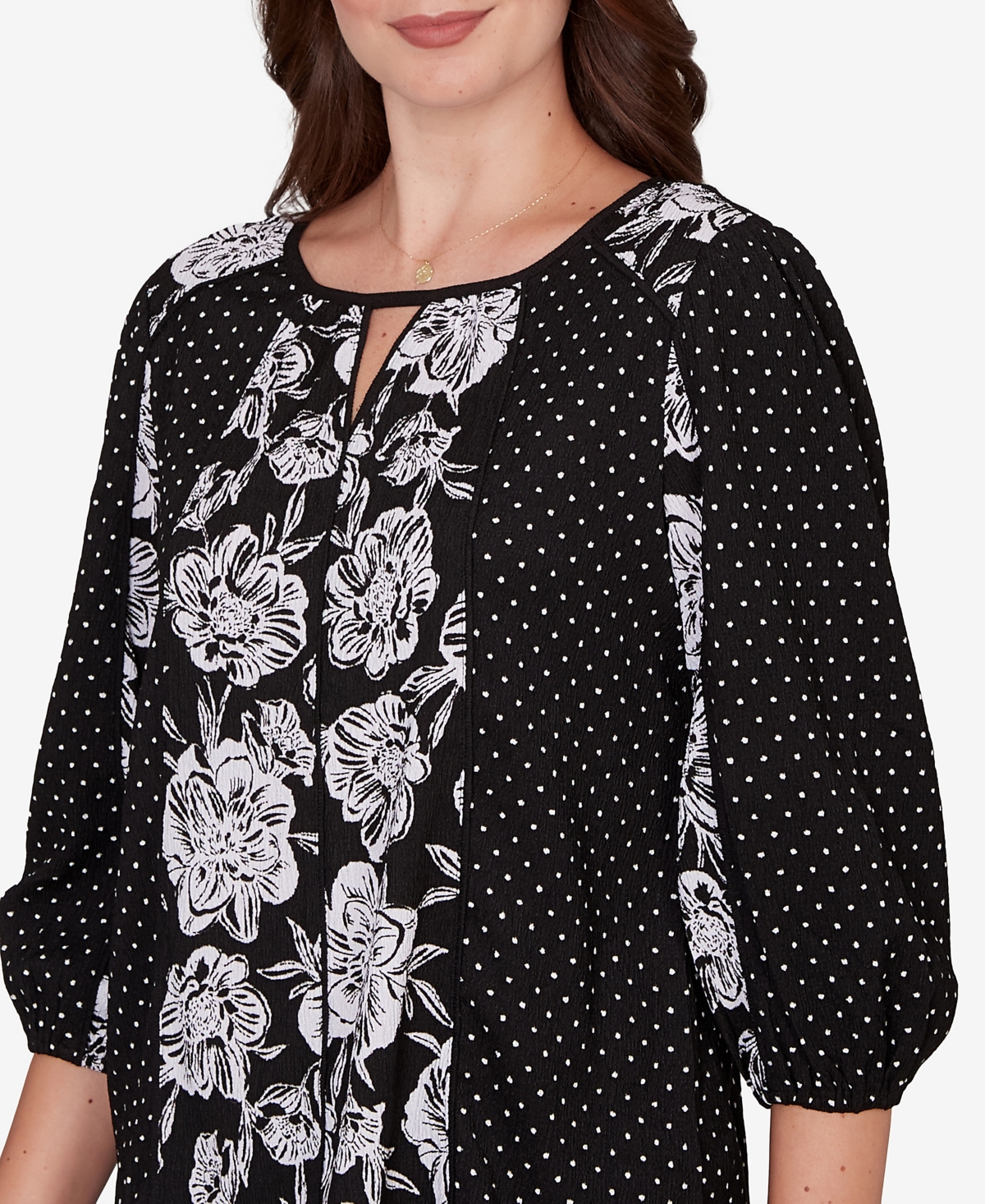 Ruby Rd. Petite Floral Panel Crinkle Knit Peasant Top