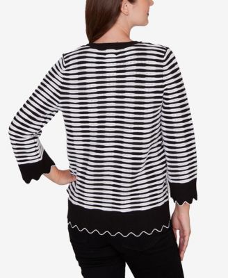 Petite Scallop Trim Striped Button Cardigan Sweater