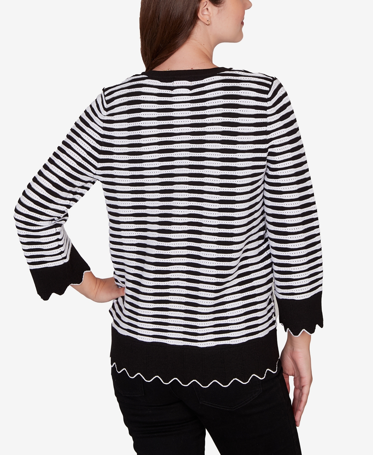 Ruby Rd. Petite Scallop Trim Striped Button Cardigan Sweater