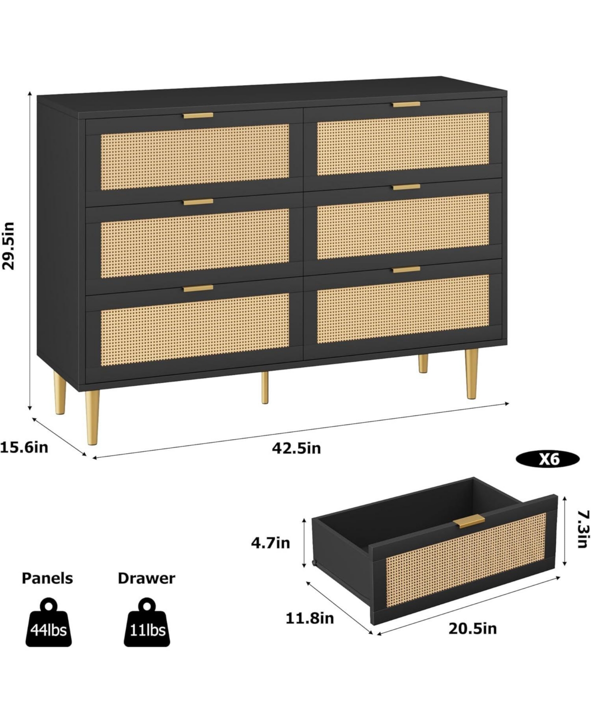 gaomon Rattan 6 Drawer Dresser, Wide Double Dresser with Gold Handles & Legs, Modern Chest Large Storage for Bedroom or Living Room