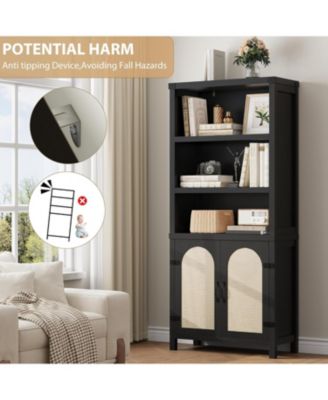 70" Tall Farmhouse Bookshelf with Rattan Doors, 3-Tier Open Bookcase with Adjustable Shelves, Floor Standing Storage Cabinet, 2pc