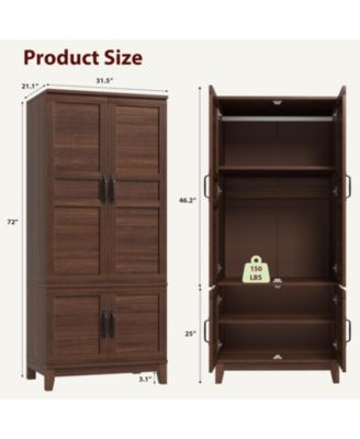 72" Armoire Wardrobe Closet with 4 Doors, Hanging Rod & Adjustable Shelves, Freestanding Wooden Clothing Cabinet for Bedroom