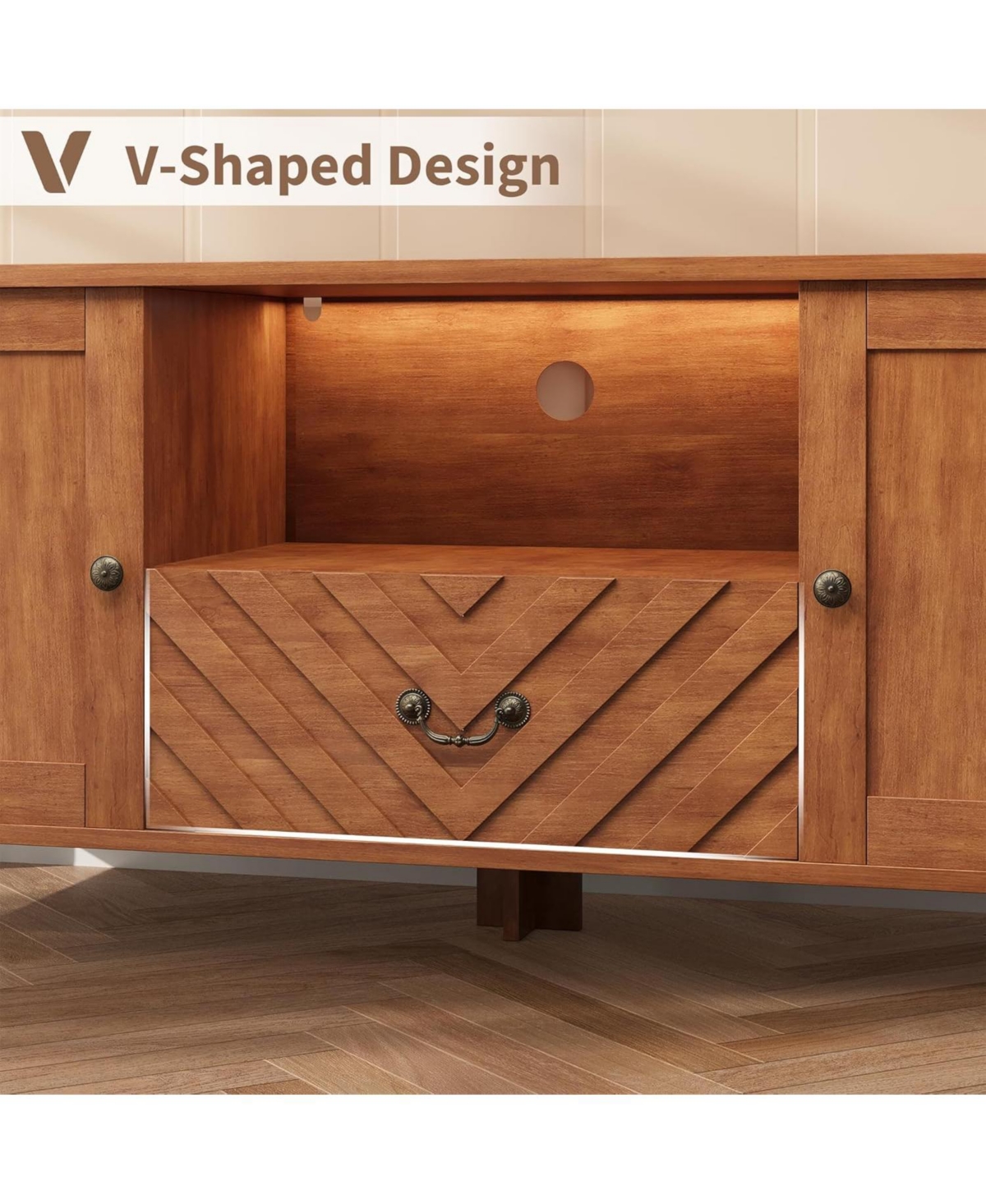 gaomon Retro Tv Stand for 65 Inch Tv, Entertainment Center with Led Lights, V-Shaped Texture, 2 Storage, 1 Drawer, Adjustable Shelves