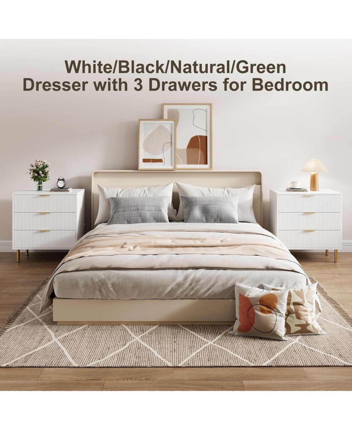 Gaomon Modern 3 Drawer Dresser for Bedroom, Wood Chest with Gold Handle and Large Drawers Living Room, Hallway, Entryway