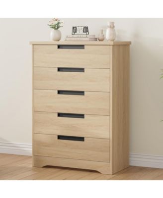 Dresser, 5-Drawer, Natural Wood, Embedded Handles, Chest of Drawers Organizer for Bedroom, Living Room, Nursery, Hallway