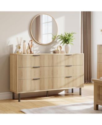 Oak Modern 6-Drawer Dresser with Metal Handles, Wooden Storage Cabinet for Bedroom, Closet, Hallway