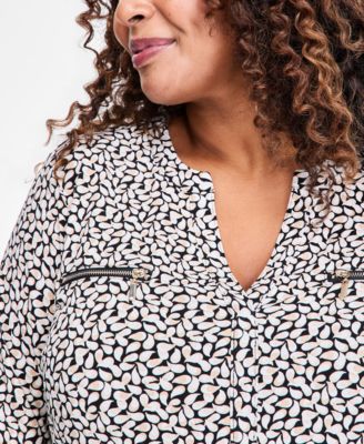 Plus Size Zip-Pocket V-Neck Long-Sleeve Top