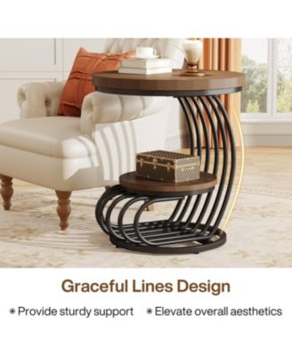 Round End Side Table: Side Table with 2 Tiers Storage Shelves, Vintage End Table