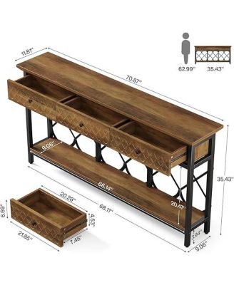 70.86" Extra Long Console Sofa Table with 3 Drawers, Industrial 2-Tier Entryway Table Behind The Couch for Living Room, Entryway