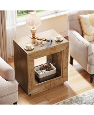 Rustic Wood End Table, 2 Tiered Square Side Table with Storage Shelf, Industrial Sofa Side Table for Living Room, Entrance