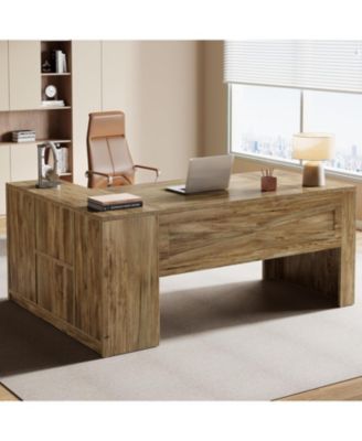 70.8" Executive Desk with File Cabinet, L-Shaped Office Desk with Storage Shelves