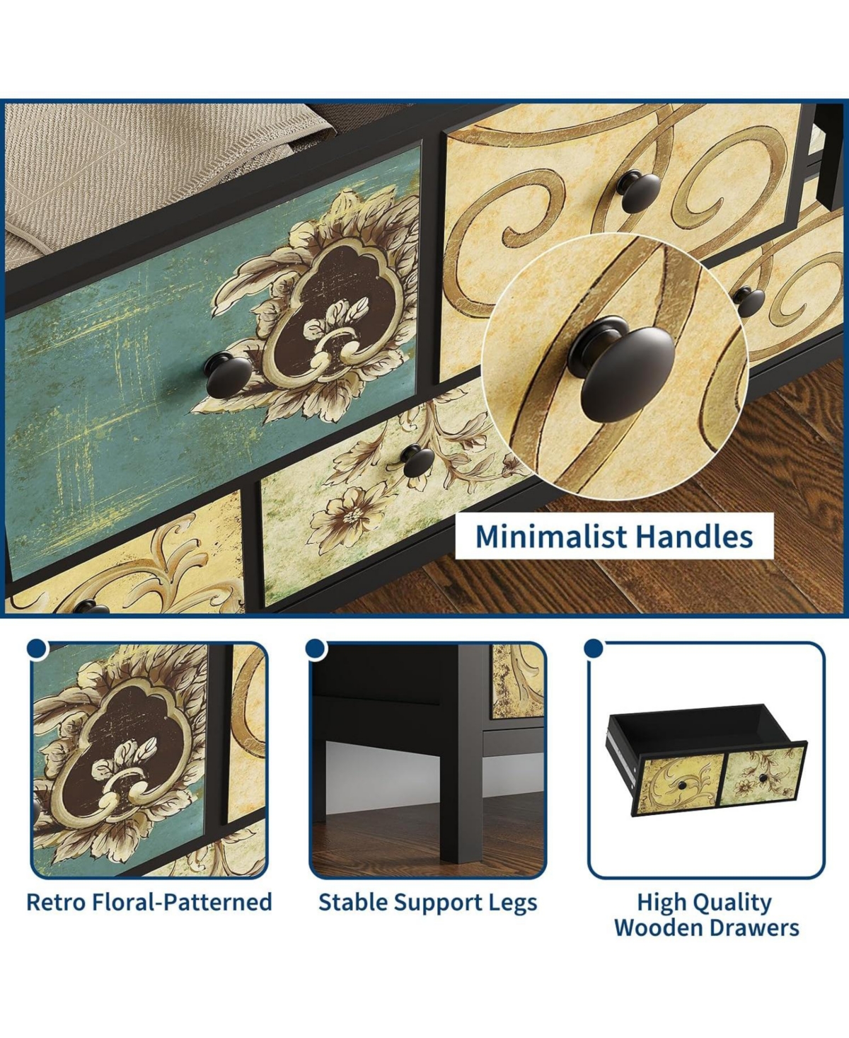 gaomon 6 Drawers Dresser for Bedroom Wood Rustic Chest of Drawers Retro Floral Pattern Drawer