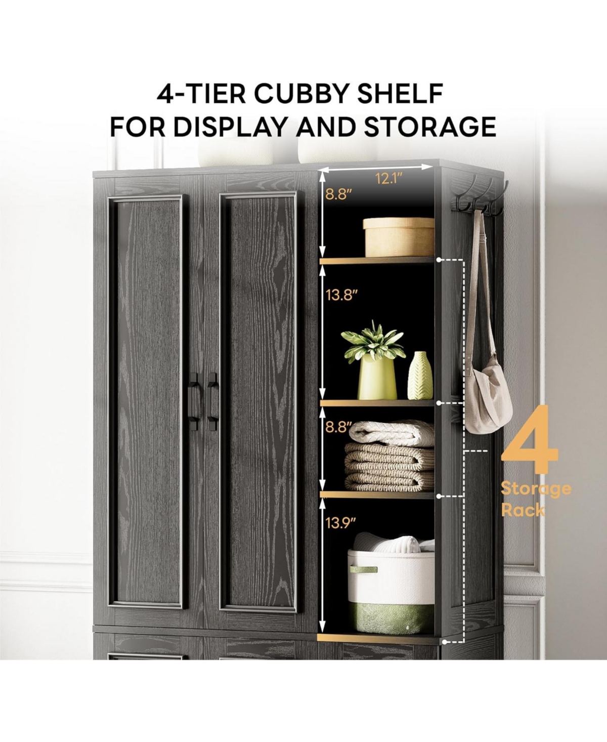 Likimio Black Armoire Wardrobe Closet 70" H, 5 Doors Bedroom Wooden Wardrobe with 4 Storage Shelves and Hanging Rod