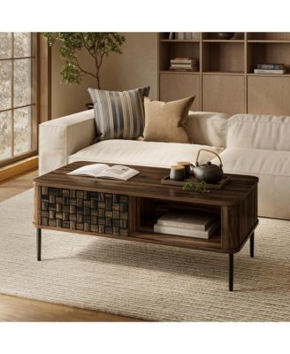 Dark Oak with Basket Weave Design Manufactured Wood 1-Sliding Door Coffee Table