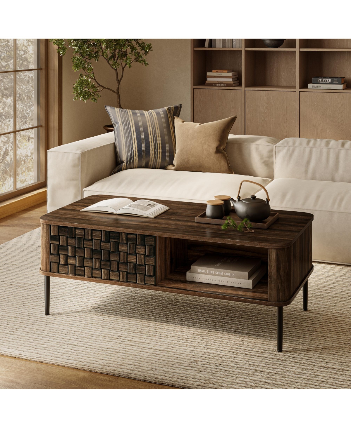 LuxenHome Dark Oak with Basket Weave Design Manufactured Wood 1-Sliding Door Coffee Table