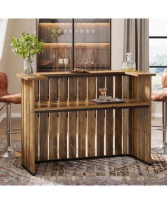 63-Inch Home Bar Unit, Farmhouse Liquor Bar Table with Storage Shelves, 2-Tier Wine Bar Cabinet Mini Bar Table, Rustic Brown