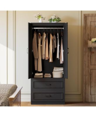Black Armoire Wardrobe Closet with 2 Doors and 2 Drawers