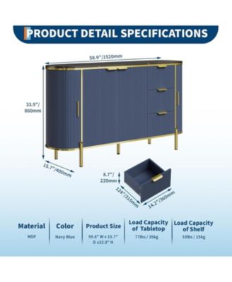 59in Blue Sideboard Buffet Cabinet, Modern Fluted TV Console with 3 Drawers & Adjustable Shelf for Kitchen, Dining & Living Room