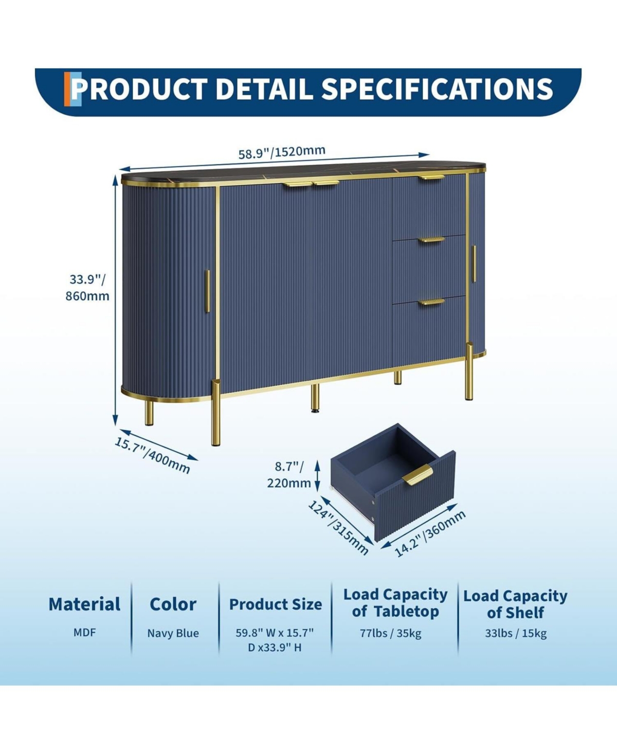 Gaomon 59in Blue Sideboard Buffet Cabinet, Modern Fluted Tv Console with 3 Drawers & Adjustable Shelf for Kitchen, Dining Living Room