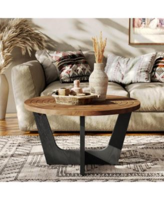 Round Solid Wood Coffee Table, Farmhouse 31.5" Small Center Tea Table with Ring Groove