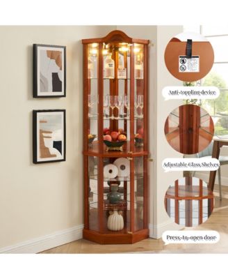 Corner Glass Curio Cabinet LED Light Adjustable Shelves Push Open Display