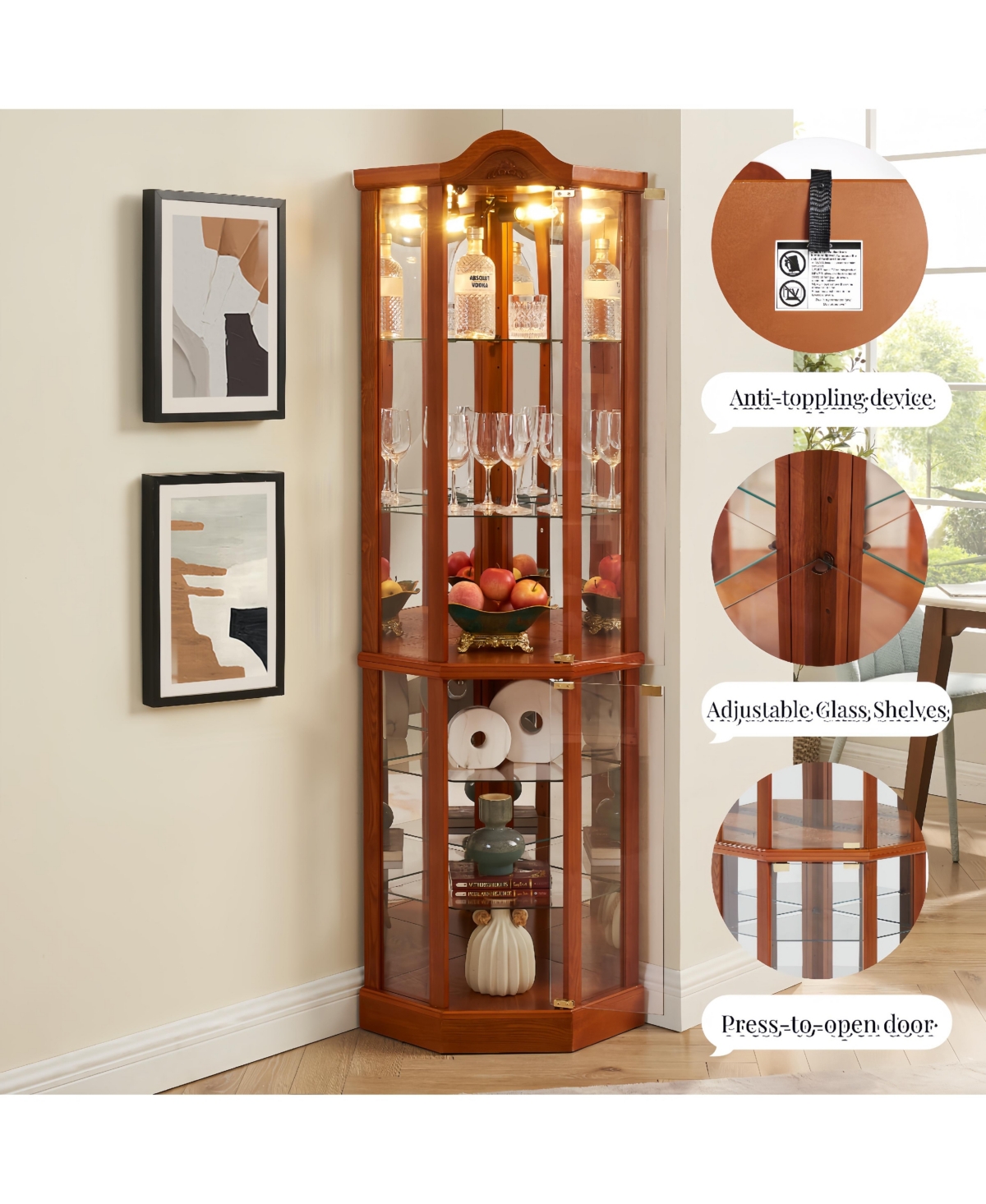 Lovmor Corner Glass Curio Cabinet Led Light Adjustable Shelves Push Open Display