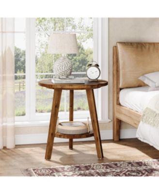 Solid Wood Round End Table, Sofa Side Table with Storage Shelf, Farmhouse Nightstand for Living Room, Bedroom