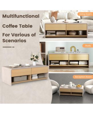 Home Coffee Table w/ 2 Drawers & 2 Storage Shelf Rectangle Table Cocktail Table