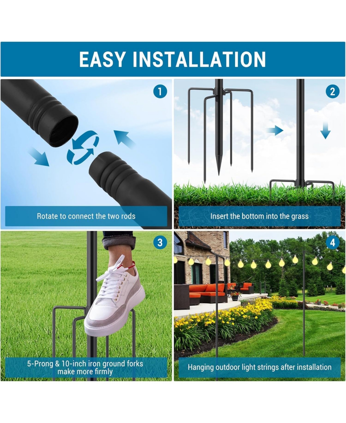 Gaomon 10 Ft String Light Poles 4 Pack, Metal Poles for Patio & Garden Deck, Tall Hanging Light Supports