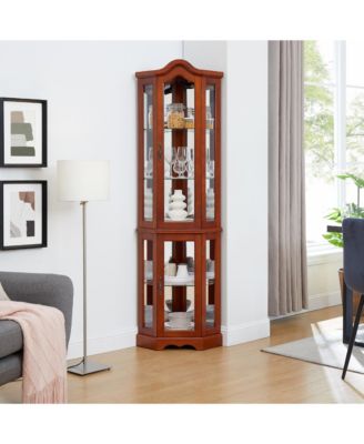 Corner Curio Cabinet with Light System Mirrored Back Adjustable Shelves and Walnut Finish