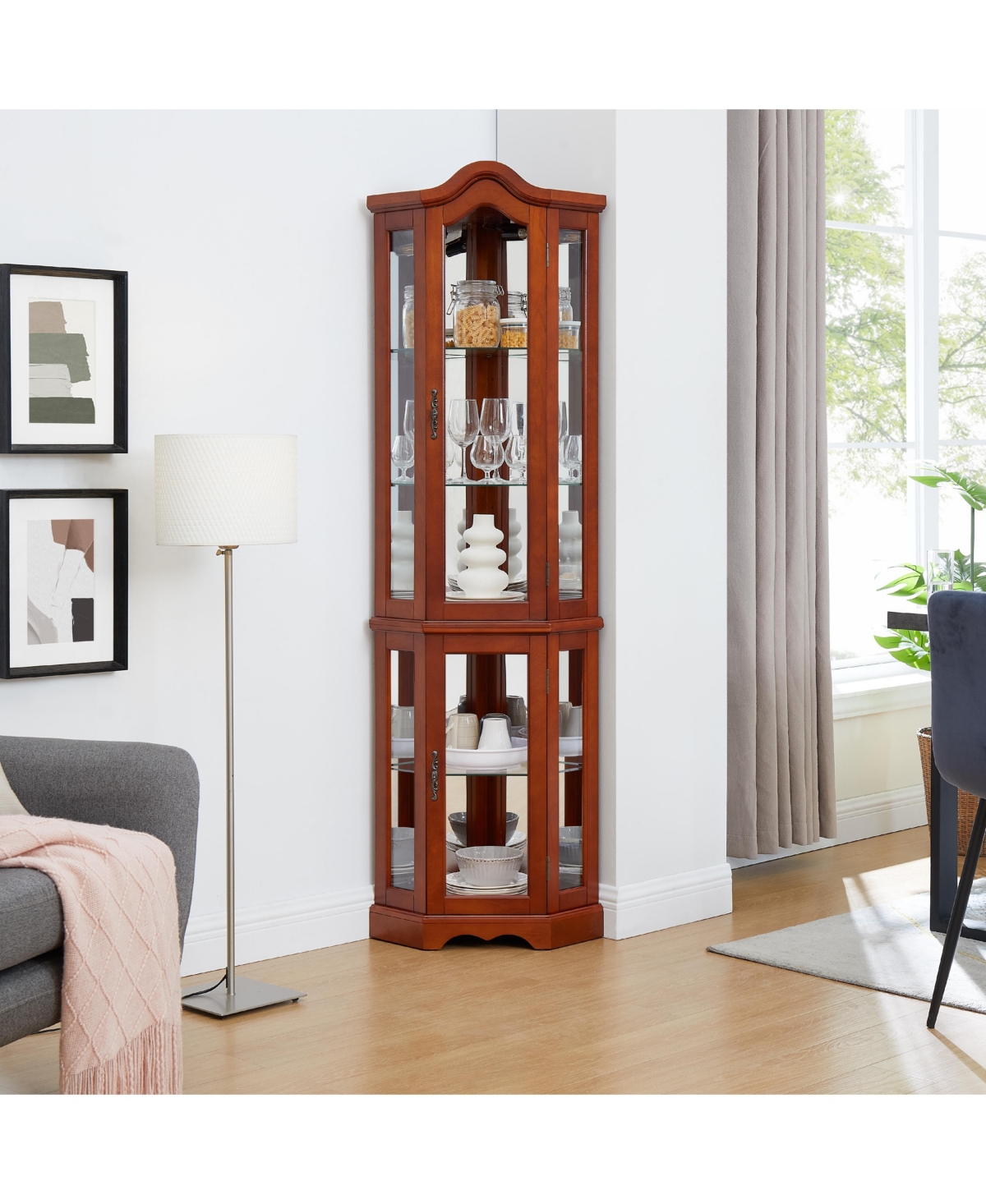 Lovmor Corner Curio Cabinet with Light System Mirrored Back Adjustable Shelves and Walnut Finish
