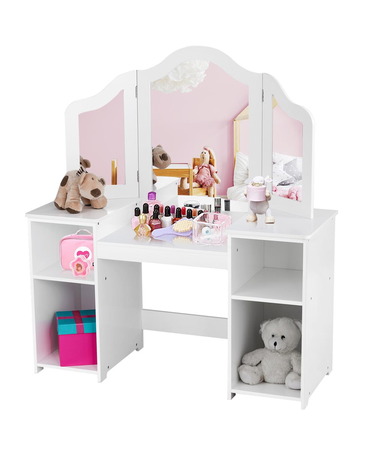 Costway Vanity Table Set Makeup Dressing Kids Girls Study Table Tri Folding Mirror