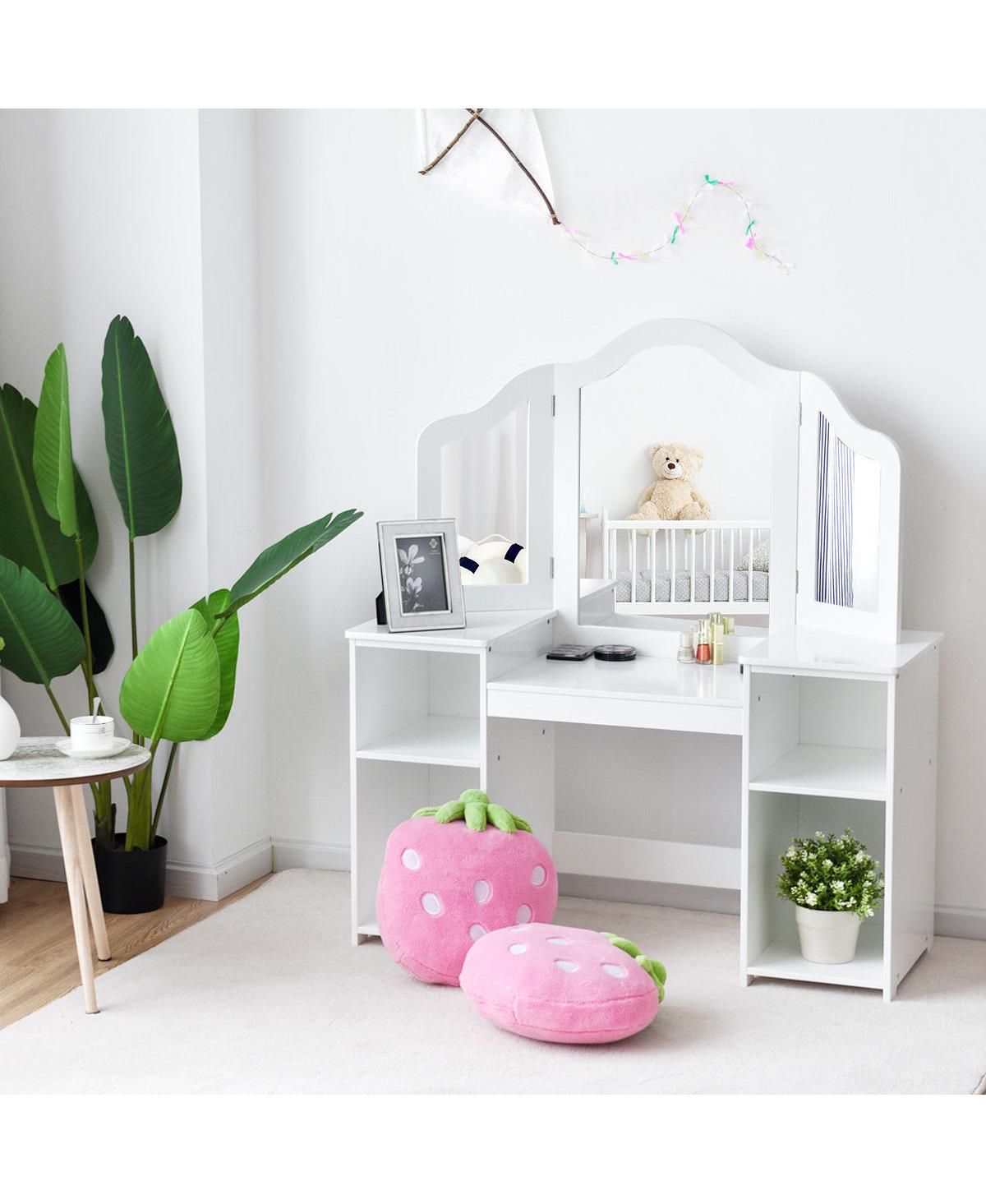 Costway Vanity Table Set Makeup Dressing Kids Girls Study Table Tri Folding Mirror