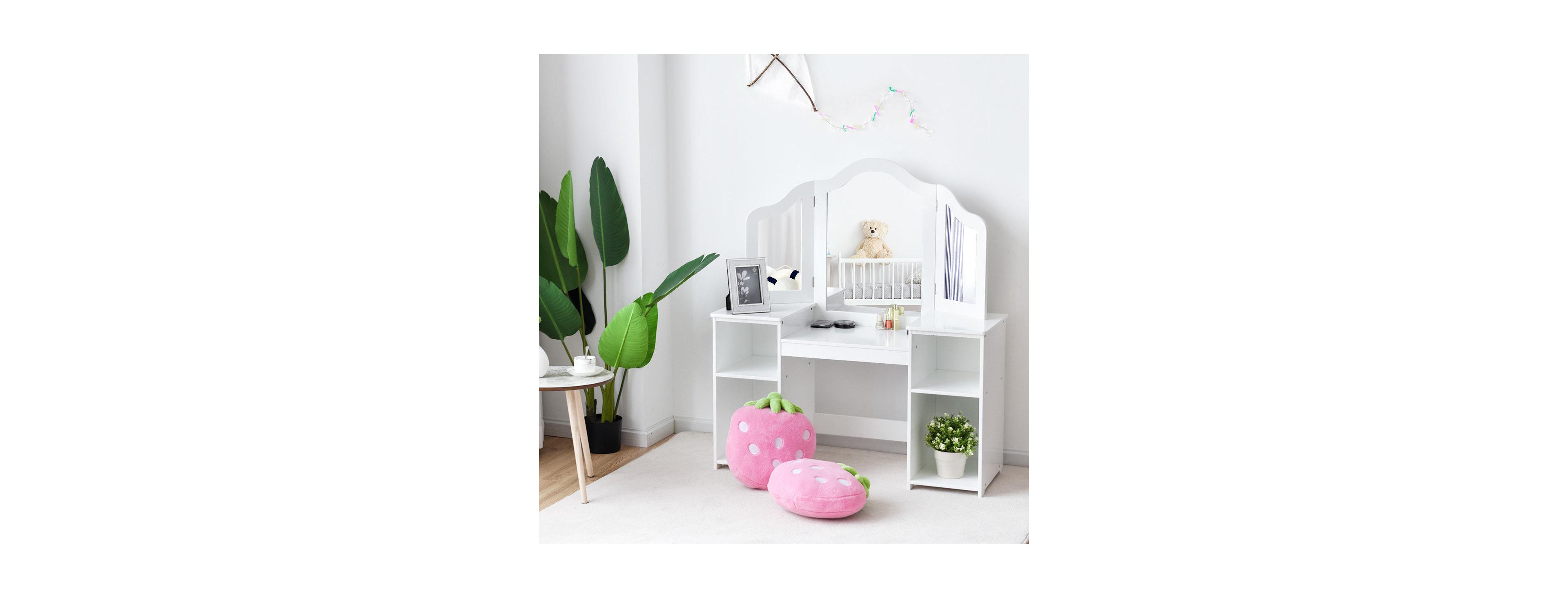 Costway Vanity Table Set Makeup Dressing Kids Girls Study Table Tri Folding Mirror