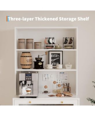 Kitchen Pantry Cabinet,62 Inch Freestanding Hutch Cupboard with Large Countertop,Glass Doors, Drawer and Adjustable Shelves