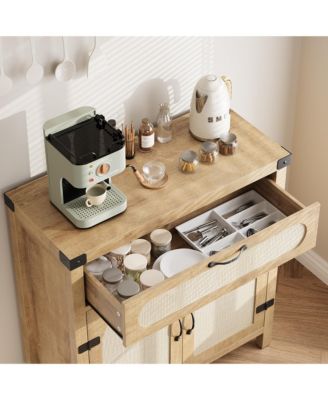 2Pcs Rattan Sideboard Buffet Cabinets with Storage, Farmhouse Kitchen Accent Storage Cabinet with Drawer